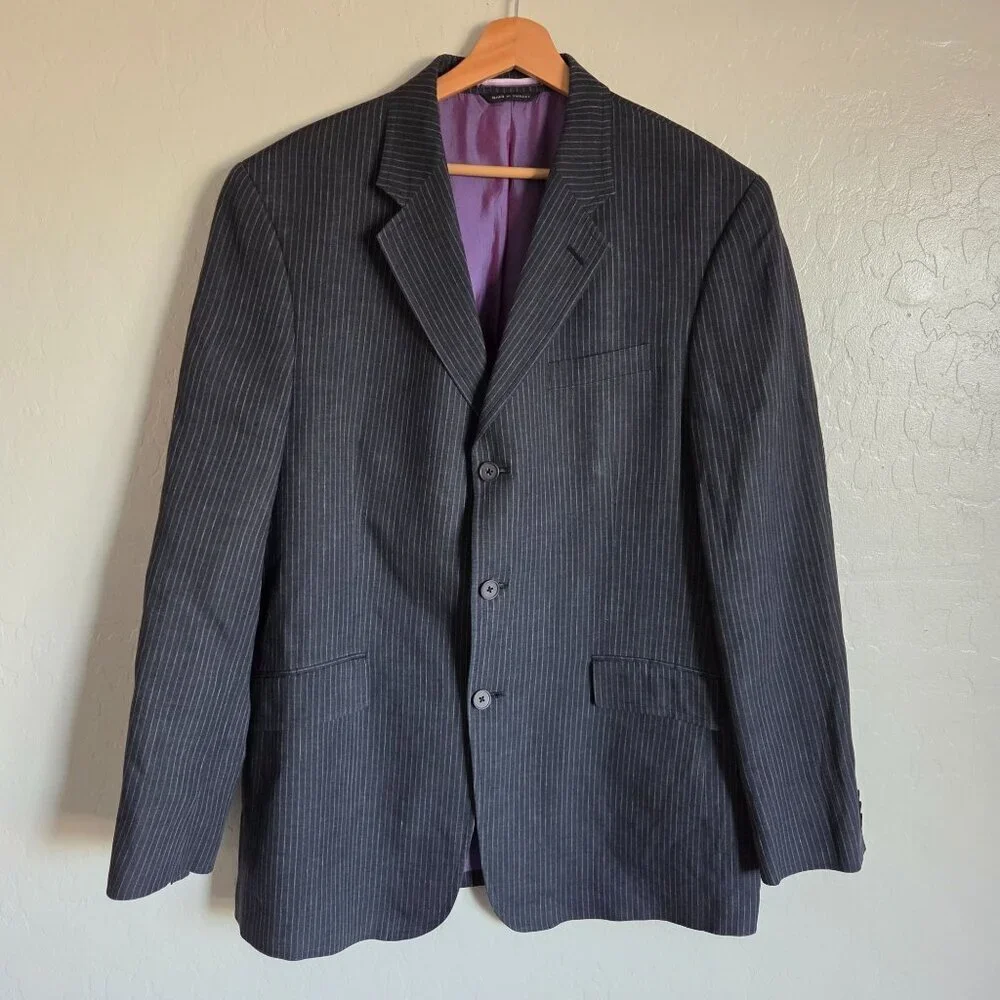 Banana Republic Vintage Y2K 100% Linen Pinstripe Blazer Black 44R Purple Lining